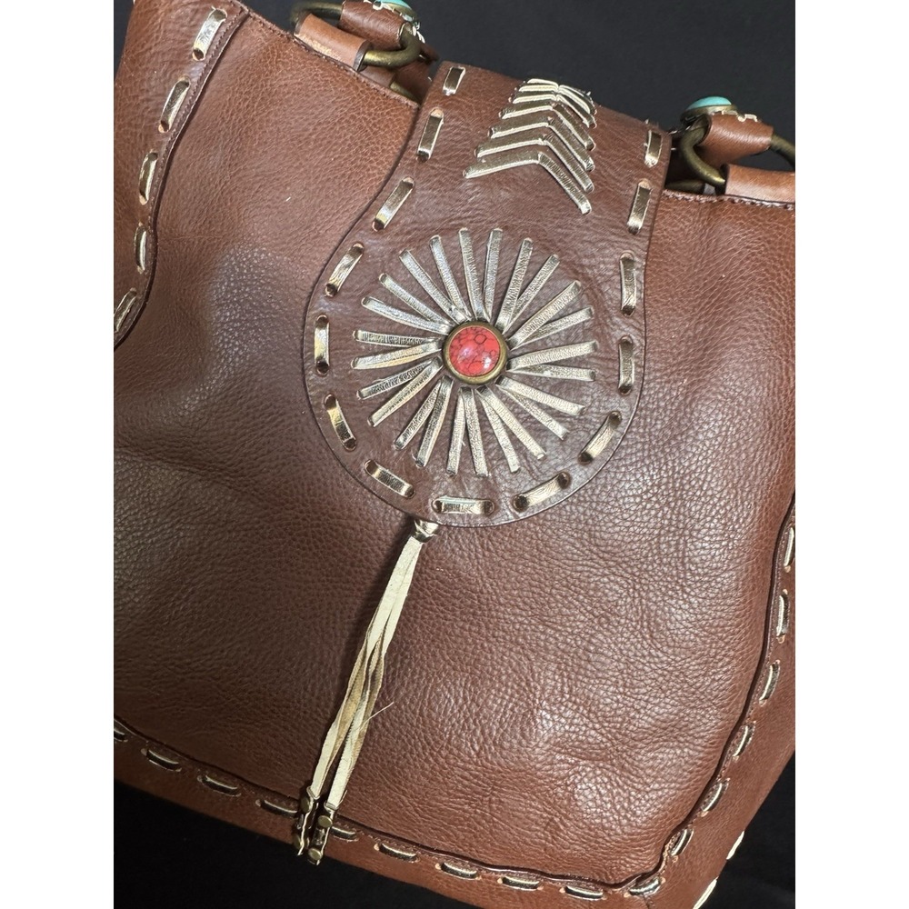 BCB Girls Brown Leather Bag In Western Style With Turquoise - Picture 3 of 16